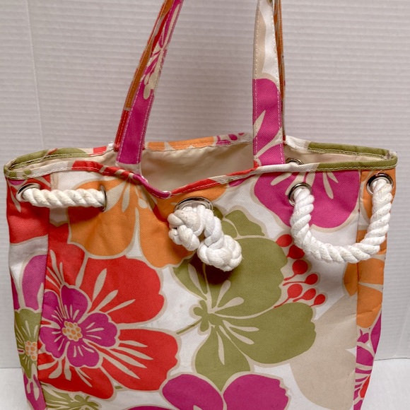 Hawaiian Floral Nautical Rope Tie with Handles Beach Tote Bag 13 x 13 x 3 inches - Picture 6 of 11